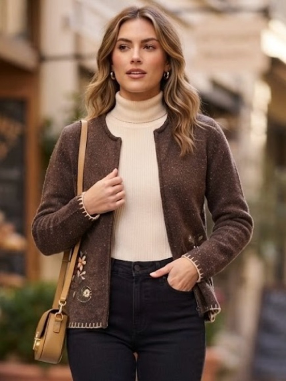 Penmans Chocolate Brown Java Mix Embroidered Floral Zip Cardigan Sweater Boho
